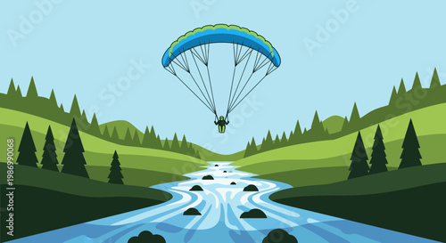 Paraglider Soars Above Serene River Valley With Lush Greenery