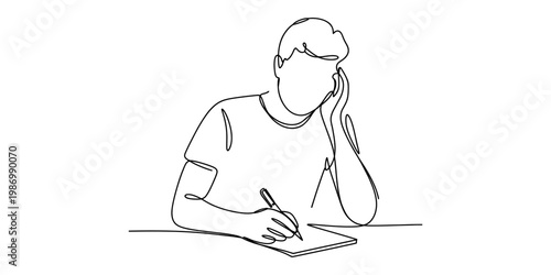 Single line drawing of a student sitting at a desk focused on writing in his notebook