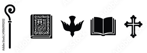 Collection of Christian religious symbols including cross, dove, and sacred books for spiritual and churchrelated designs