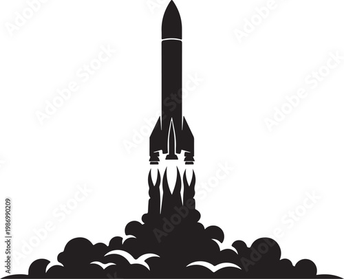 Rocket launch, space exploration, black silhouette, vector icon, astronomy symbol