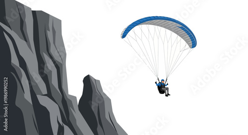Paraglider Soars Past Jagged Mountain Cliffs Against Pure White Background