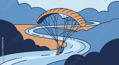 Paragliding Adventure Over Serene Winding River And Cloudy Skies