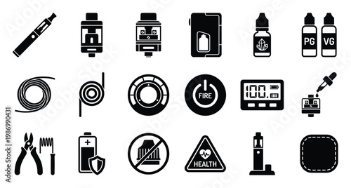 Vaping equipment and accessories collection with eliquid bottles and health warnings for smoke shops and lifestyle content