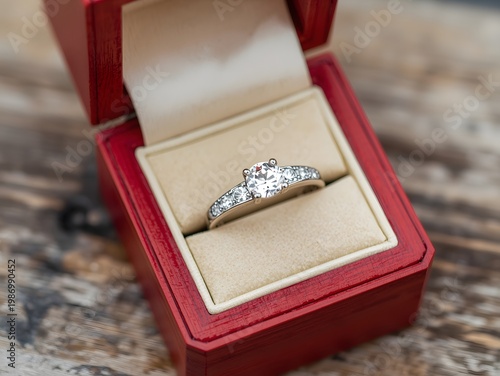 Engagement Ring in Box. Channel-set engagement diamond ring in an open red wood box.