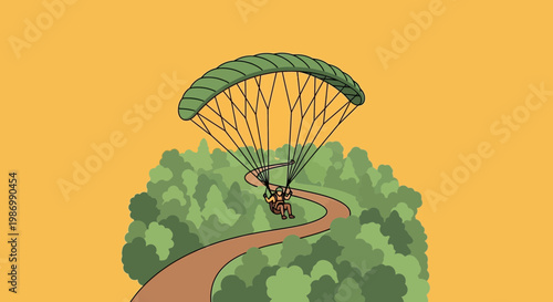 Paragliding Adventure Over Verdant Forests And Winding Path Scenic Outdoor Activity