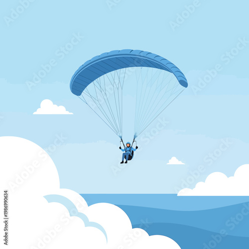 Paragliding Adventure Above Serene Waters and Clouds