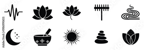 Diverse collection of wellness and spa related icons symbolizing nature, health, and mindfulness for lifestyle applications