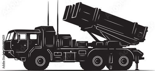 Missile Launcher Truck, Military Vehicle, Black Icon, Vector Illustration, Transportation