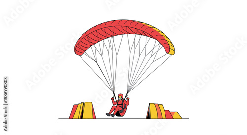 Paragliding Athlete Descends Gracefully Under Red Parachute With Training Obstacles