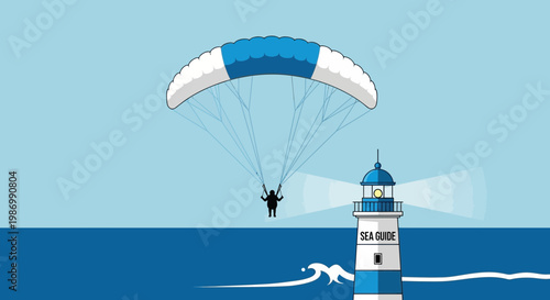 Paragliding Adventurer Soars Near Coastal Lighthouse Guiding Ships Safely Through Ocean Waters