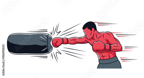 Powerful Boxer Delivering Punch To Heavy Bag Dynamic Training Illustration