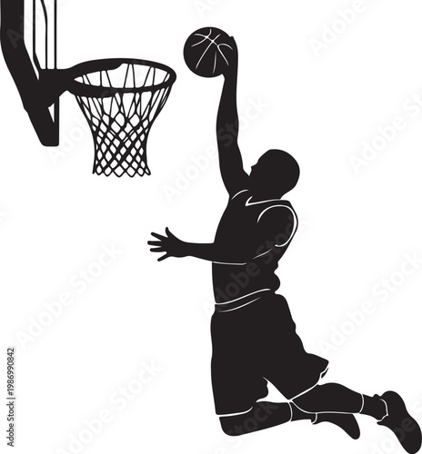 Black silhouette basketball player, dunking ball, sports icon, athletic vector