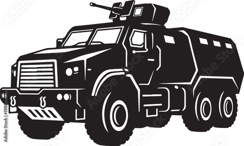 Military truck, armored vehicle, black illustration, vector graphics, transportation, army, warfare