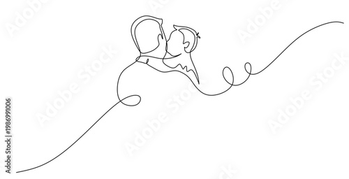 Continuous line art of a boy kissing his father's cheek while being carried. The icon symbolizes affection. International Children's Day. Vector image with a plain background.