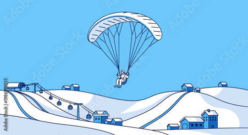 Paragliding Over a Winter Ski Resort With Cable Cars And Snowy Hills