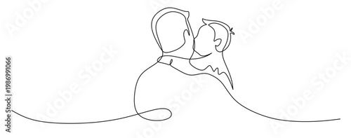 Continuous line art of a boy kissing his father's cheek while being carried. The icon symbolizes affection. International Children's Day. Vector image with a plain background.