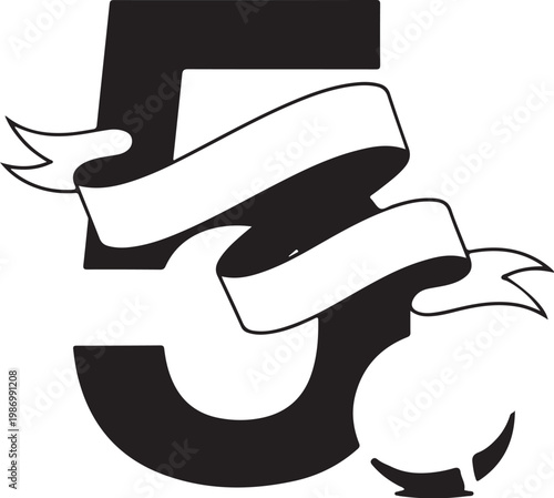 Black number five icon with ribbon banner, numeral symbol, decorative element, vector graphics
