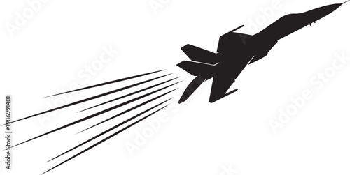 Fighter jet, military aircraft, black silhouette, speed motion, vector icon
