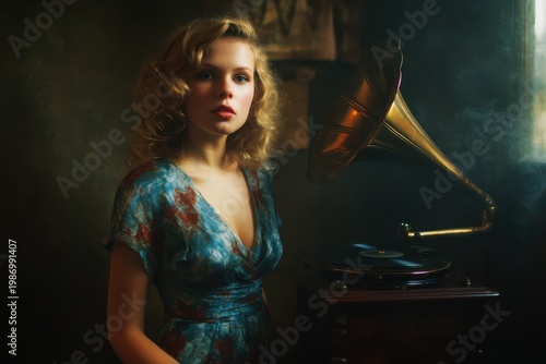 Woman with wavy hair and vintage dress, standing next to gramophone