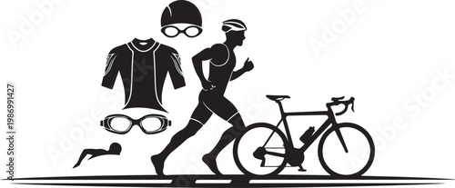 Triathlon, athletic wear, cycling gear, running silhouette, sports equipment, vector icons