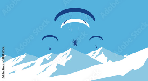 Paragliding Over Snowy Mountain Peaks In Blue Sky
