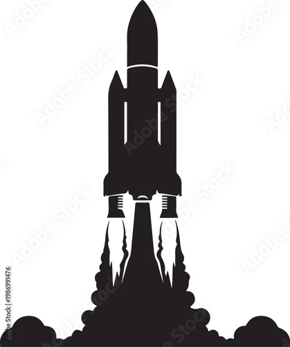 Black rocket ship silhouette, space shuttle launch, vector illustration, astronomy icons