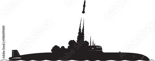 Military submarine vector silhouette, naval warfare icon, ocean vessel, black illustration
