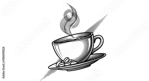 A steaming cup of coffee on saucer.