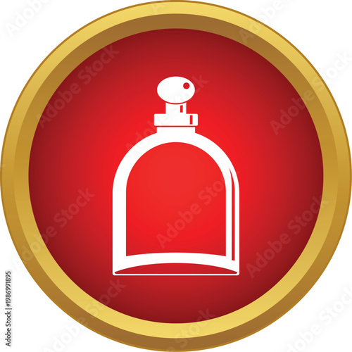 White outline illustrating a bottle with a pump dispenser on a red and gold button