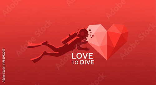 Passionate Diver Embraces Geometric Heart Underwater Symbolizing Love For Diving