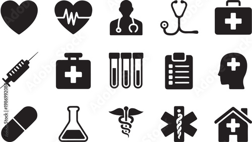 Black silhouette of household cleaning tools and symbols isolated on white background vacuum cleaner