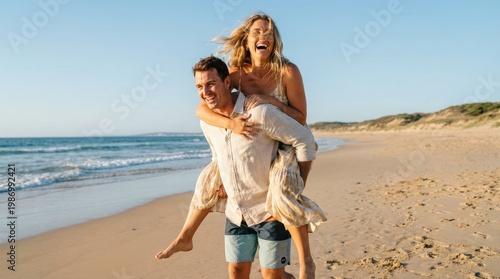 Couple enjoying a playful piggyback ride on a sunny beach, laughter, windblown hair, carefree romantic summer atmosphere, ultra-realistic, no logos.