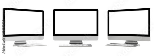 Three Modern Desktop Computers with Blank Screens Isolated on White Background for Technology and Office Design Concepts