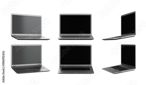 Collection of Six Modern Laptops with Blank Screens Displayed from Various Angles on a White Background