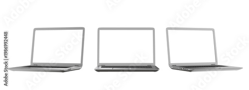 Three Modern Laptops with Blank Screens in Different Angles on White Background for Technology and Business Concepts