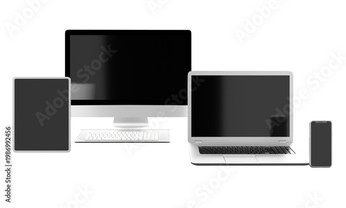 A sleek set of modern digital devices including a desktop, laptop, tablet, and smartphone on a clean white background.