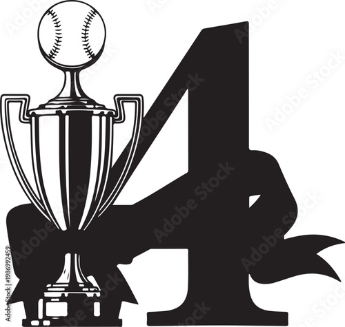 Baseball trophy, number 4, award icon, sports symbol, black vector graphic