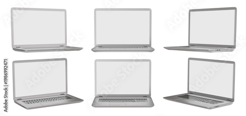 Collection of Six Modern Laptops with Blank Screens Displayed from Various Angles on a White Background