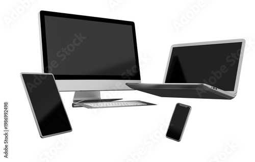 Modern Digital Devices Collection Featuring Desktop, Laptop, Tablet, and Smartphone on White Background