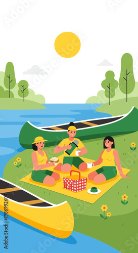 People Enjoying A Refreshing Picnic By The River With Canoes