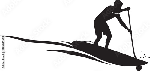 Stand up paddleboard, SUP surfing, black silhouette, vector icon, water sports