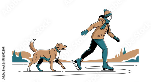 Person Ice Skating With Dog Outdoors Winter Season Activity Fun