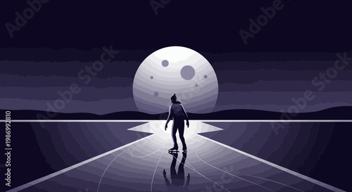 Person Ice Skating Under A Large Moonlit Sky