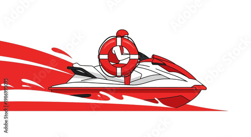 Red And White Jet Ski With Lifebuoy Speeding Through Water