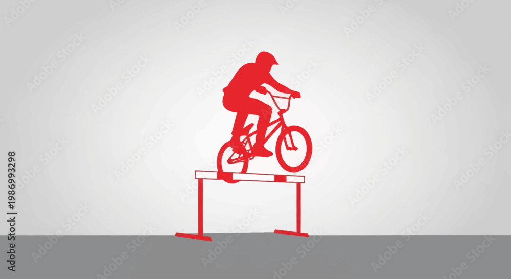 Fototapeta premium Red Silhouette BMX Rider Performs Trick Over Obstacle On Grey Background