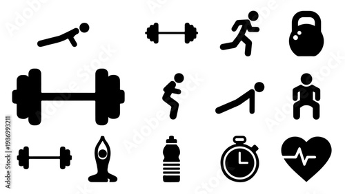 Fitness Silhouette Icons Set – Gym Workout, Running, Yoga, Cardio Training Vector Collection