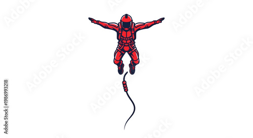 Red Jumpsuit Adventurer Mid Jump Bungee Cord Attached Isolated