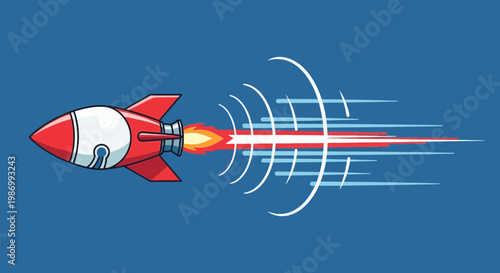 Red Rocket Ship Speeding Through Blue Sky With Streaks Of Light