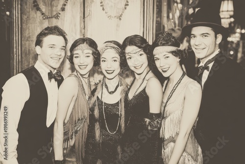Friends posing in vintage flapper costumes, 1920s themed party, glamorous prohibition era style gathering