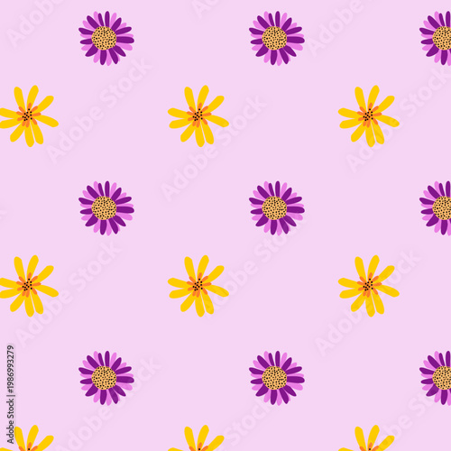 Pattern con margherite viola e gialle su sfondo lilla chiaro, decorazione per carta, tessile, sfondo 